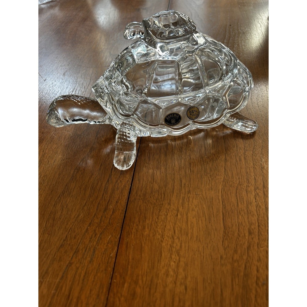 Lidded Turtle Candy Dish Trinket Dish Bohemia Clear Crystal Glass Czech Republic